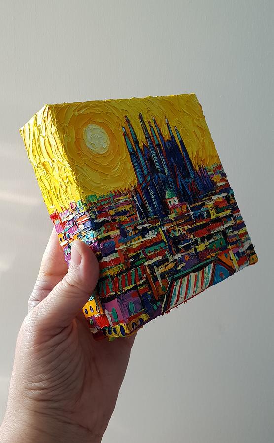 Mini ABSTRACT CITYSCAPE on 3D Canvas Barcelona commissioned knife oil painting Ana Maria Edulescu  Painting by Ana Maria Edulescu