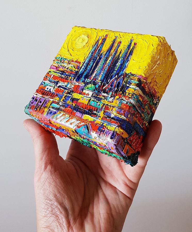 Mini ABSTRACT CITYSCAPE on 3D Canvas Barcelona in sunshine knife oil painting Ana Maria Edulescu  Painting by Ana Maria Edulescu