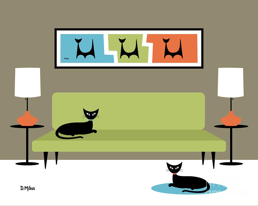 Mini Atomic Cats Green Couch Digital Art by Donna Mibus