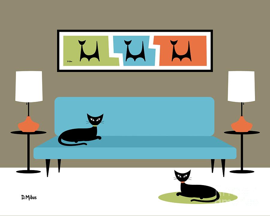 Mini Atomic Cats with Blue Couch Digital Art by Donna Mibus