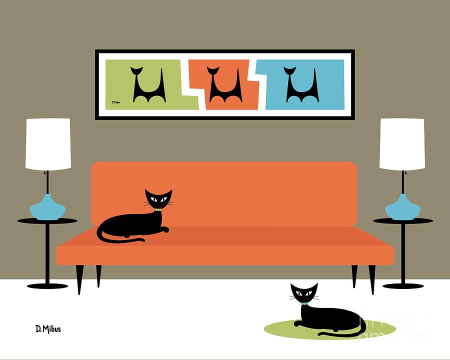 Mini Atomic Cats with Orange Couch Digital Art by Donna Mibus