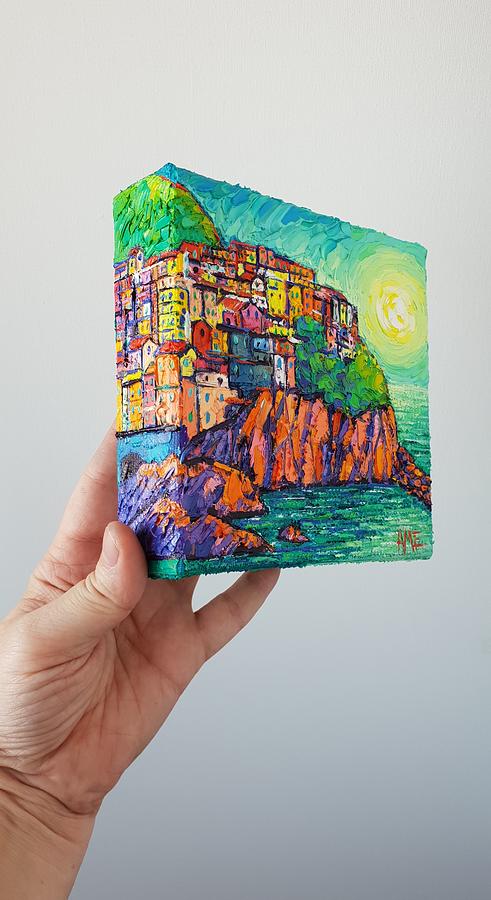 Mini on 3D Canvas Manarola Cinque Terre Italy knife oil painting from my studio Ana Maria Edulescu  Painting by Ana Maria Edulescu