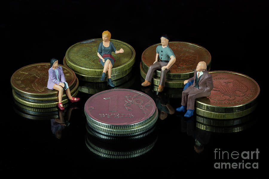 Miniature 4 people sitting on russian ruble stacks of coins . Meeting or discussion using as business concept. Macro. Photograph by Pablo Avanzini