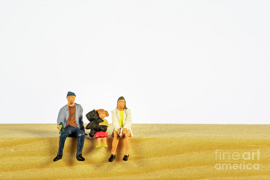 Miniature People Family Sitting Copy Space White Background Macro Photograph by Pablo Avanzini