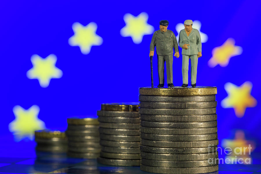 Miniature people old couple walking with a cane glass chess European Union Flag background. Concept of retirement pension strategy macro Photograph by Pablo Avanzini