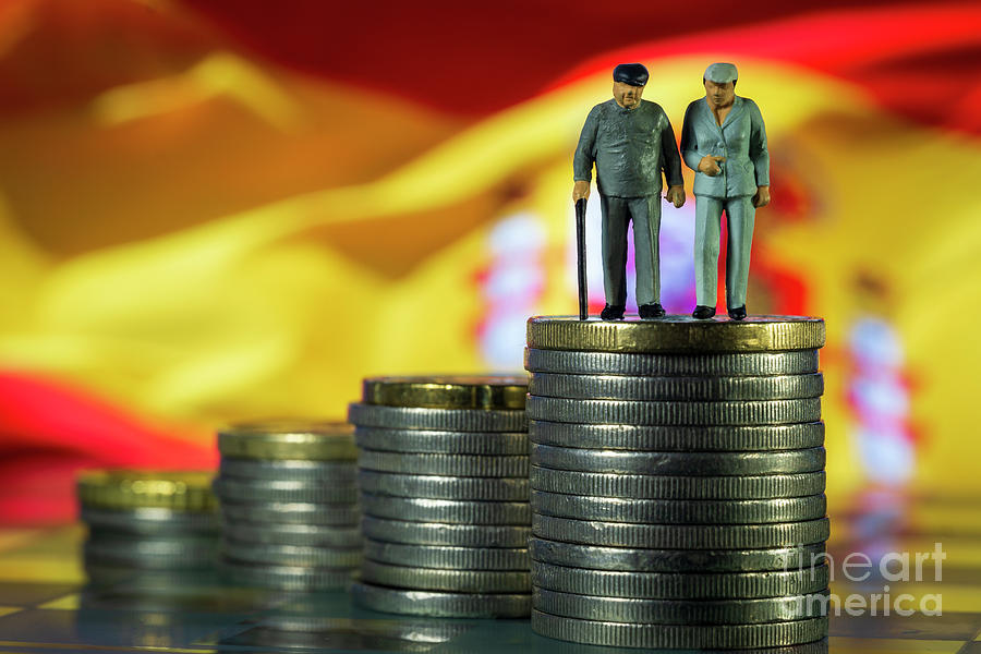 Miniature people old couple walking with a cane glass chess Spain Spanish Flag background. Concept of retirement pension strategy macro Photograph by Pablo Avanzini