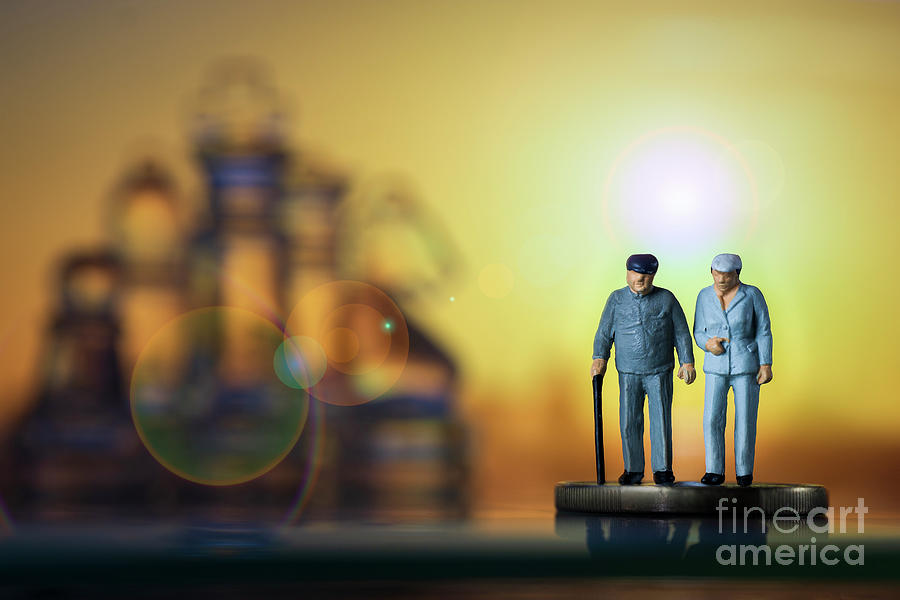 Miniature people old couple walking with a cane glass chess sunset background. Concept of retirement pension macro Photograph by Pablo Avanzini