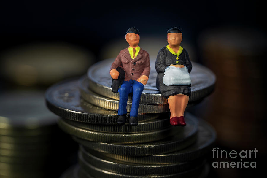 Miniature people seniors sitting on stack coins using as job retirement and insurance concept Black Background Macro Photograph by Pablo Avanzini