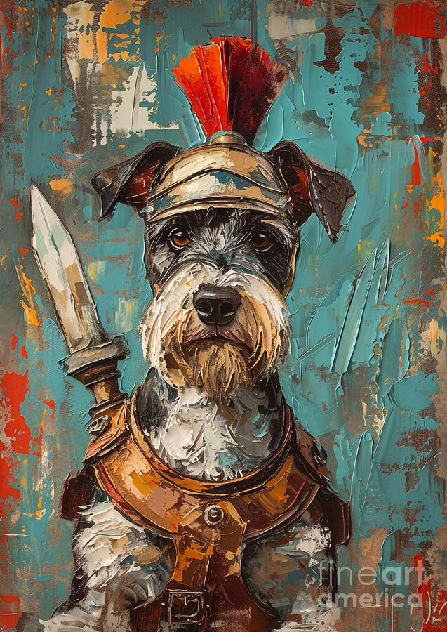 Abstract Painting - Miniature Schnauzer - wearing the garb of a Roman seer by Adrien Efren