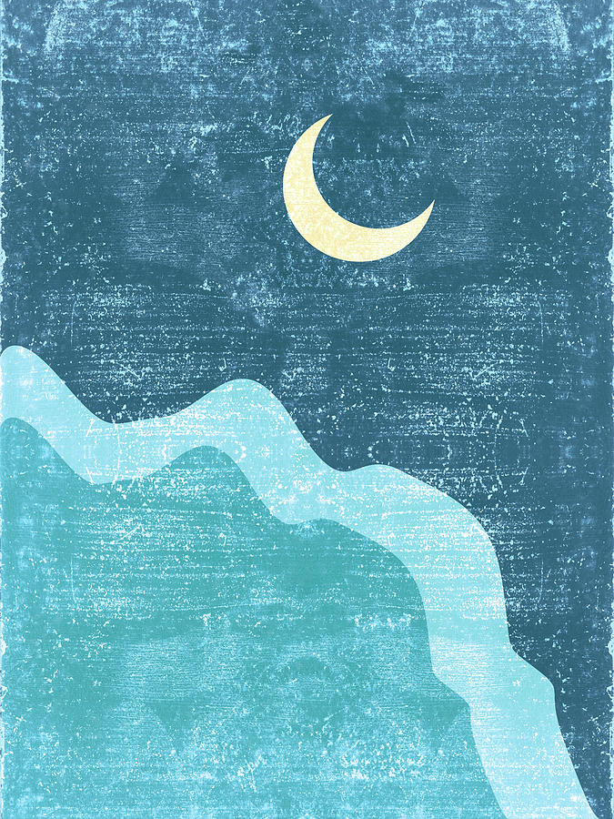 Minimal Crescent Moon Cloud - Modern, Contemporary Abstract Print - Zen, Contemplative - Blue Mixed Media