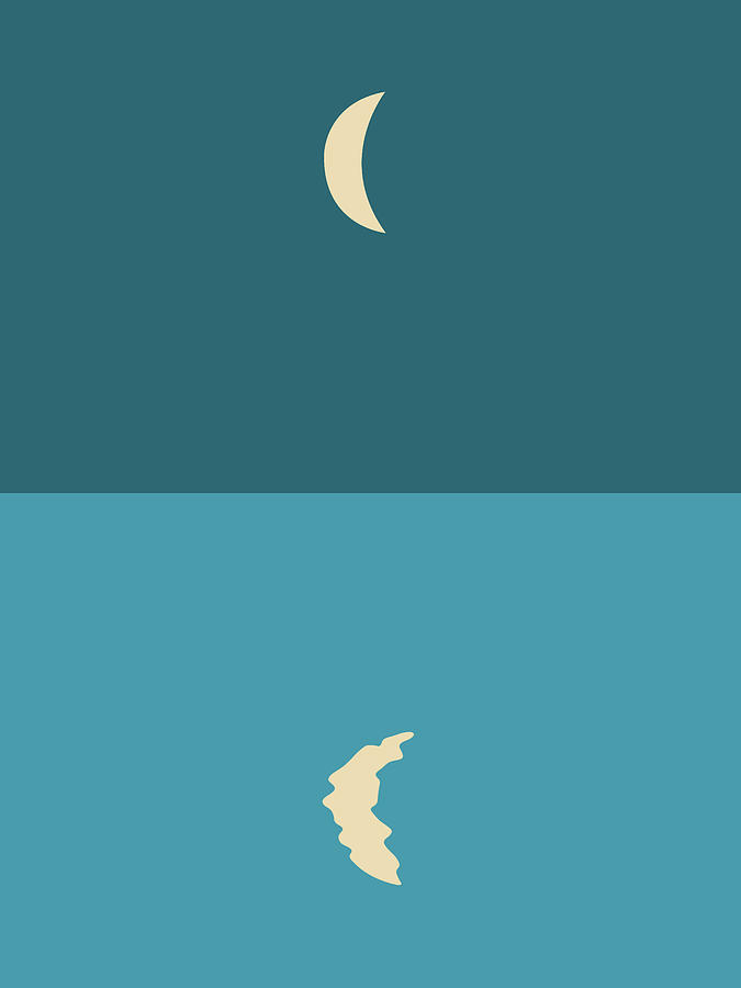 Minimal Crescent Moon Reflection - Modern, Contemporary Abstract Print - Zen, Contemplative - Blue Mixed Media
