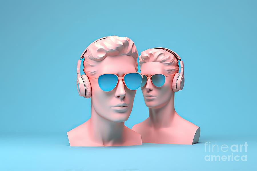 Music Painting - Minimal scene of sunglasses and headphone on human head sculpture, Music concept, 3d rendering. by N Akkash