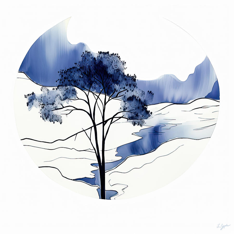 Minimalist Blue Tree Landscape Painting by Lourry Legarde