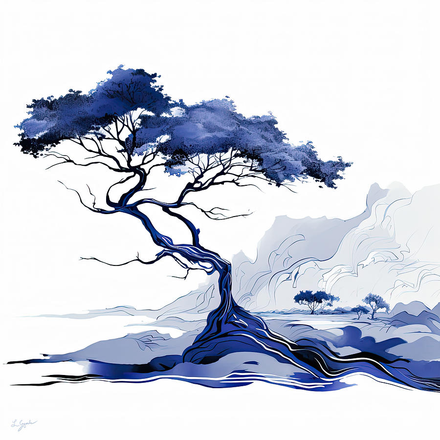Minimalist Blue Tree Painting by Lourry Legarde