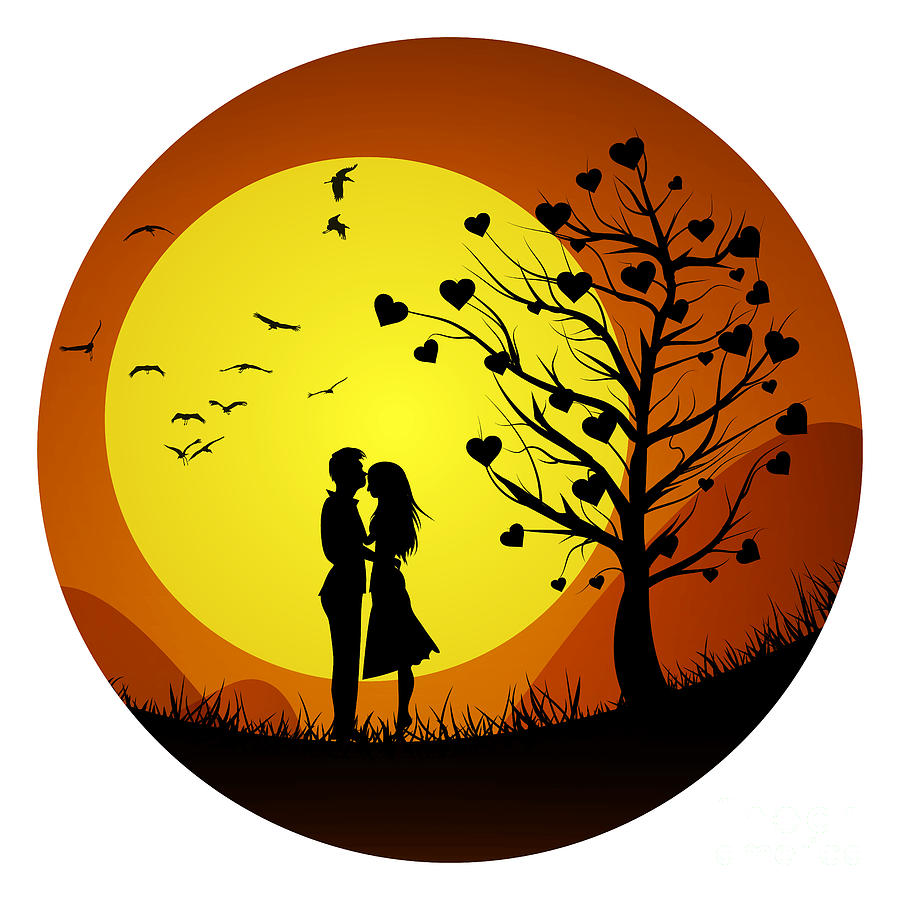 Minimalist couple in love scenery, two lovers in the hill with love tree  valentines day background Drawing by Mounir Khalfouf - Pixels