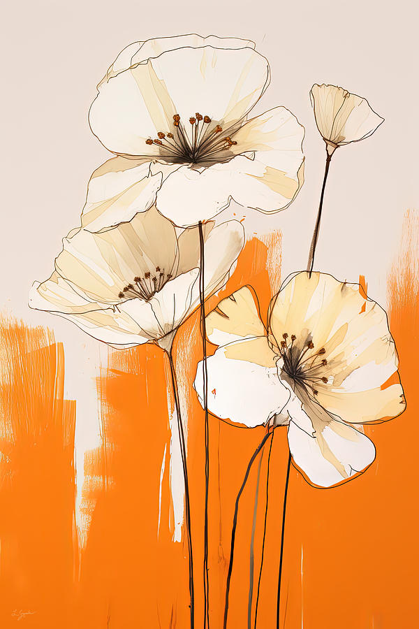 Orange And Yellow Flowers Painting - Minimalist Cream Flowers by Lourry Legarde