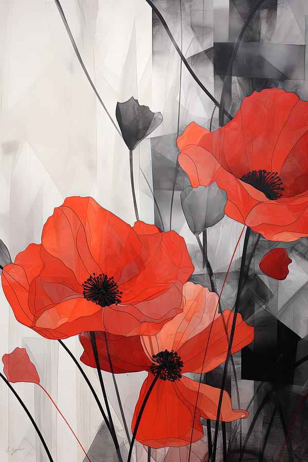 Minimalist Floral Art - Red and Gray Paintings Painting by Lourry Legarde