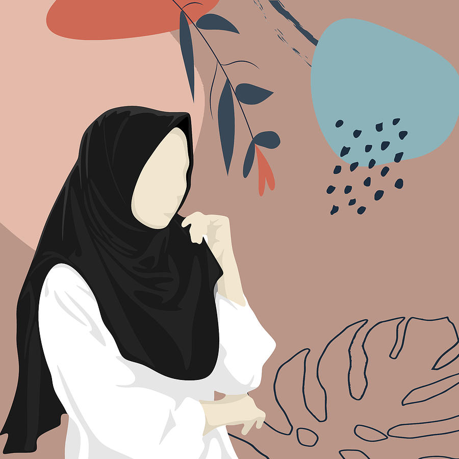 Flower Drawing - Minimalist hijab jilbab woman islam muslim female girl print, abstract shapes tropical leaves by Mounir Khalfouf