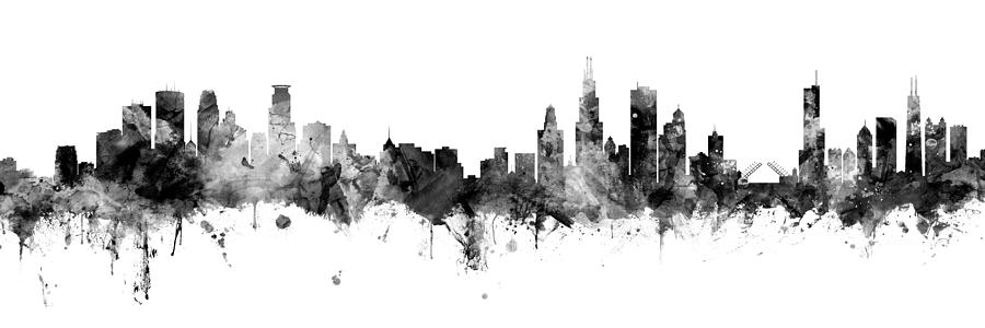 Minneapolis and Chicago Skylines Mashup Black White Digital Art by Michael Tompsett