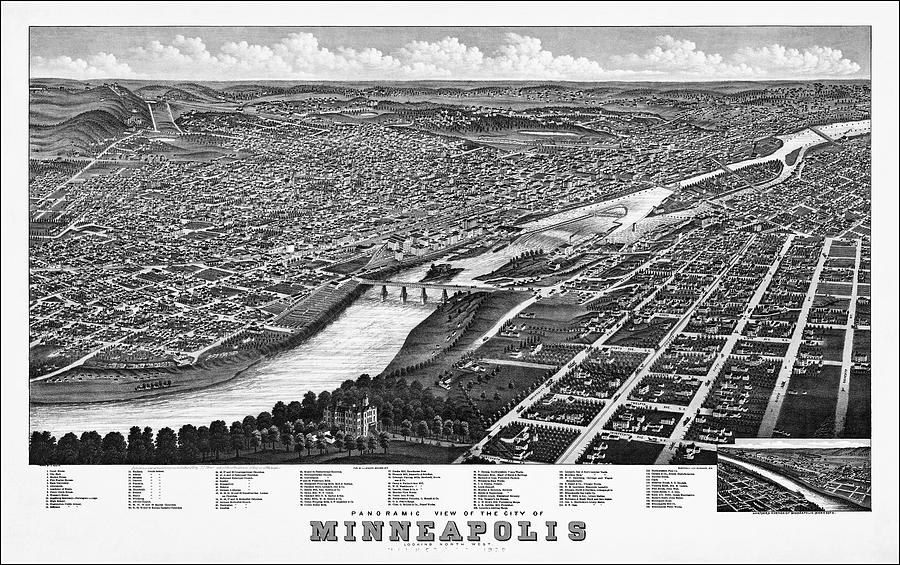Minneapolis Photograph - Minneapolis Vintage Map Birds Eye View 1879 Black and White  by Carol Japp