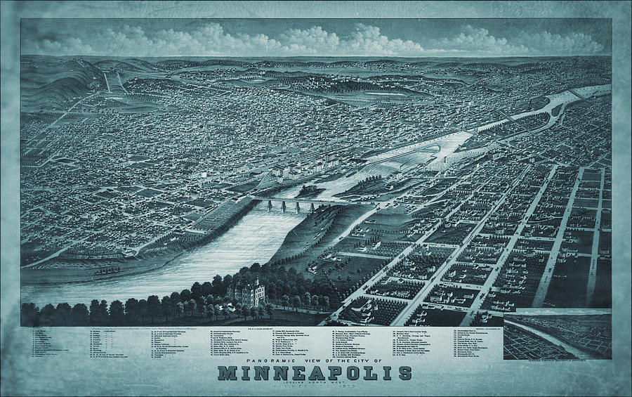 Minneapolis Photograph - Minneapolis Vintage Map Birds Eye View 1879 Cool Blue  by Carol Japp