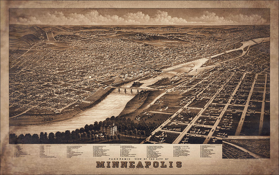 Minneapolis Vintage Map Birds Eye View 1879 Sepia  Photograph by Carol Japp