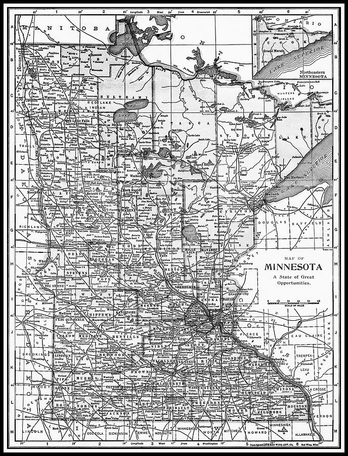 Minnesota Antique Vintage Map 1904 Black and White Photograph by Carol