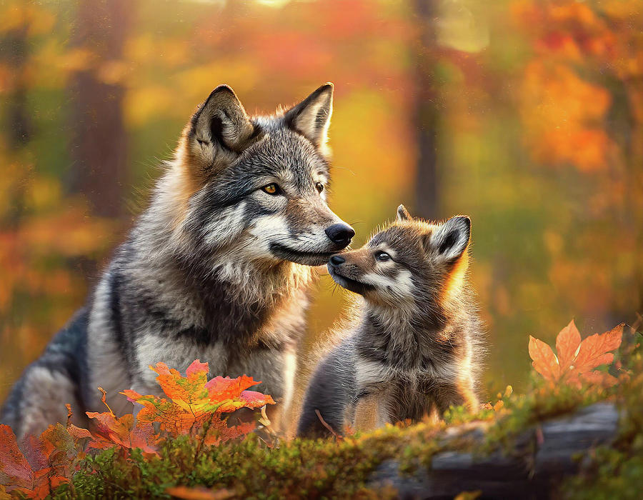 Minnesota Gray Wolf and Pup in Autumn #1 Digital Art by Adam Mateo Fierro