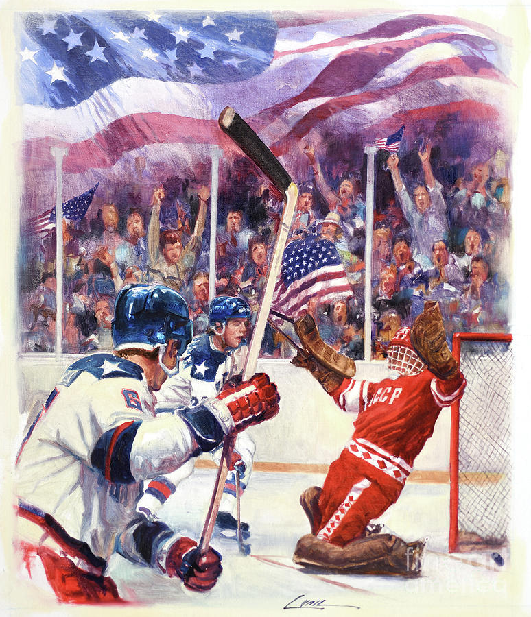 Miracle On Ice - USA Olympic Hockey Wins Over USSR Painting by Dennis Lyall
