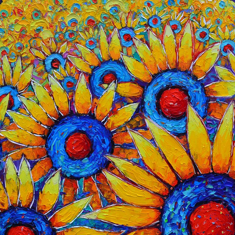MIRACULOUS SUNFLOWERS colorful textural impasto palette knife oil painting Ana Maria Edulescu Painting by Ana Maria Edulescu
