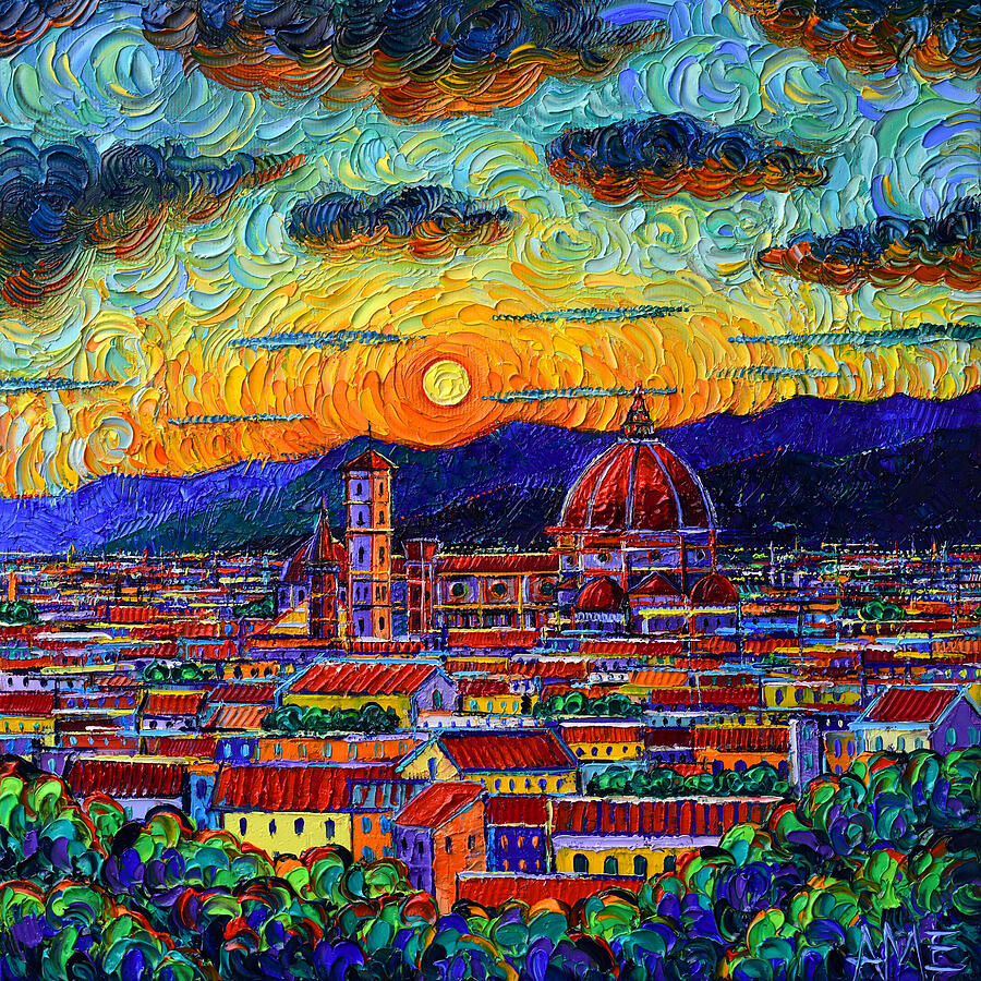 Michelangelo Painting - MIRACULOUS SUNSET IN FLORENCE ITALY palette knife oil painting on 3D canvas Ana Maria Edulescu by Ana Maria Edulescu