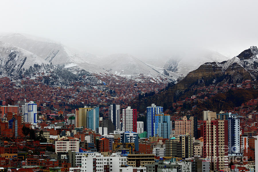 Winter Photograph - Miraflores district and snowy hillsides La Paz Bolivia by James Brunker