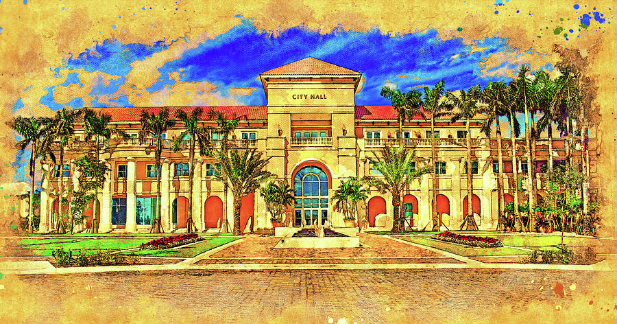 Miramar city hall building - digital painting with a vintage look Digital Art by Nicko Prints