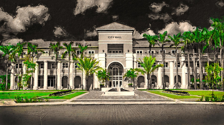 Miramar city hall building in black and white with the green of the vegetation isolated Digital Art by Nicko Prints