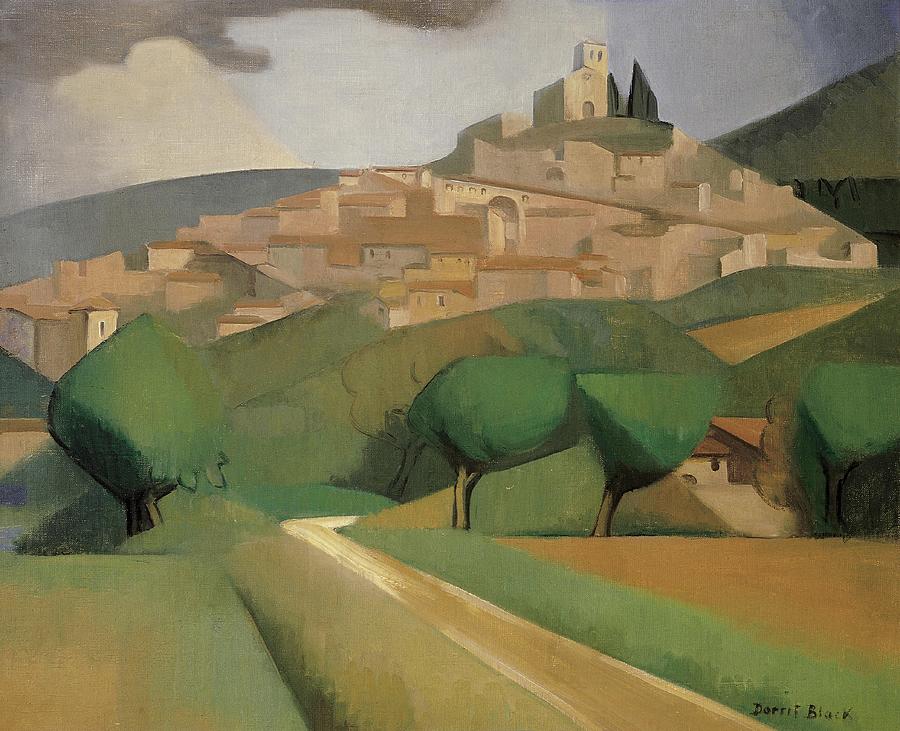 Mirmande, Drome - French landscape with a church on the hilltop by Dorrit Black Painting by Dorrit Black