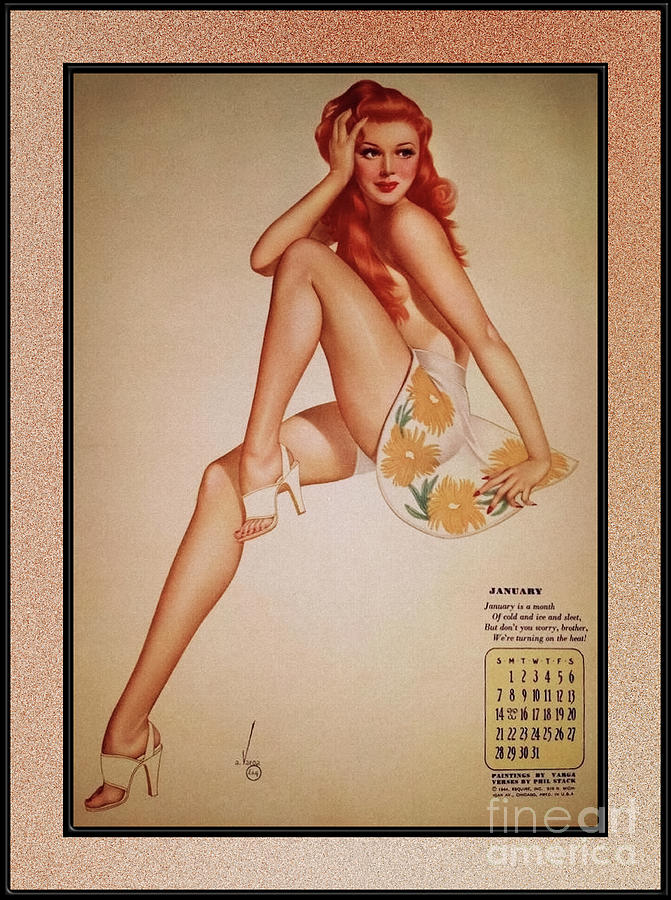 Miss January Varga Girl 1944 Pin-up Calendar by Alberto Vargas Vintage Pin-Up Girl Art Painting by Rolando Burbon