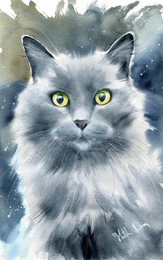 Miss Smokey Fluffy Grey Cat Watercolor Painting by Dora Hathazi Mendes ...