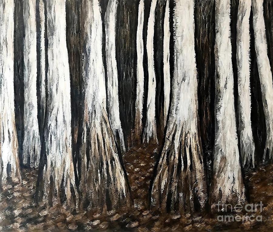 Abstract Painting - Missing IV Painting black blue white brown fine art botanic expressionism abstract landscape minimalism modern nature artwork autumn beautiful beauty birch birch tree blue day drawing environment by N Akkash