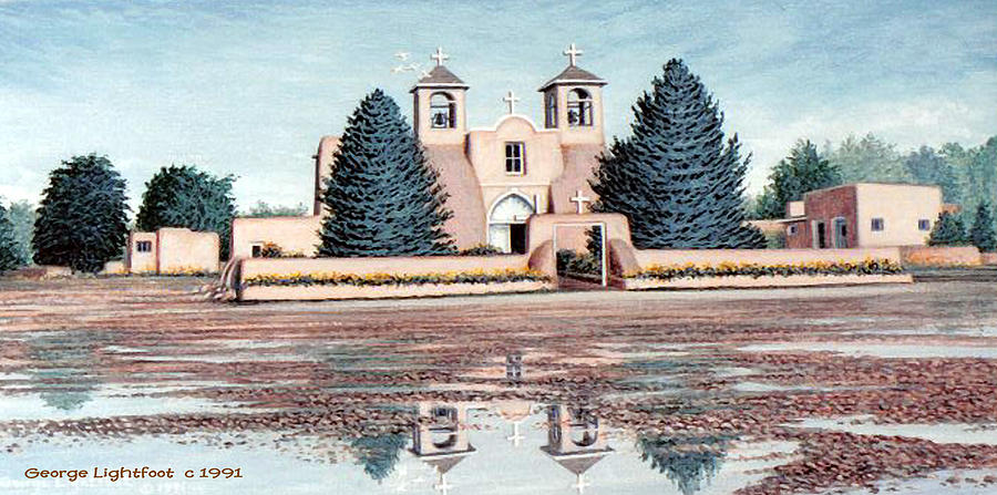 Mission at Taos New Mexico - Front View Painting by George Lightfoot