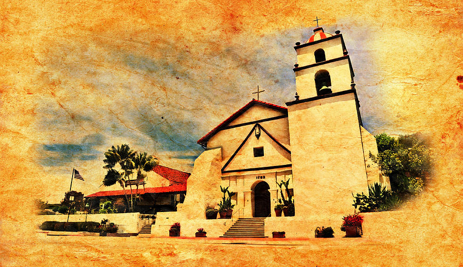 Mission Basilica San Buenaventura in Ventura, California - old paper Digital Art by Nicko Prints