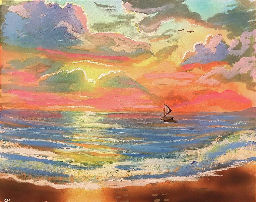 Mission Beach Sunset and Sailboat Impression Painting by Chance Kafka