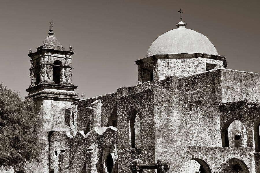 Mission San Jose In Sepia Monochrome - San Antonio Texas Photograph