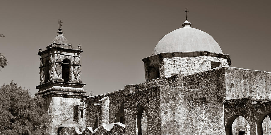 San Antonio Photograph - Mission San Jose Sepia Panorama  - San Antonio Texas by Gregory Ballos