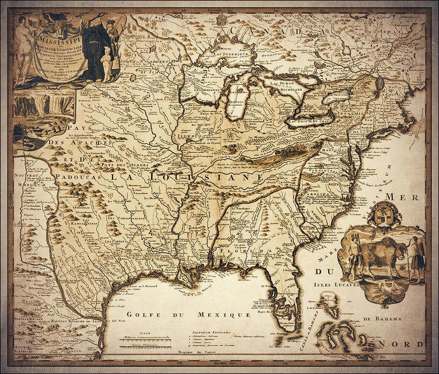 Mississippi and Louisiana Vintage Antique Map 1707 Sepia  Photograph by Carol Japp