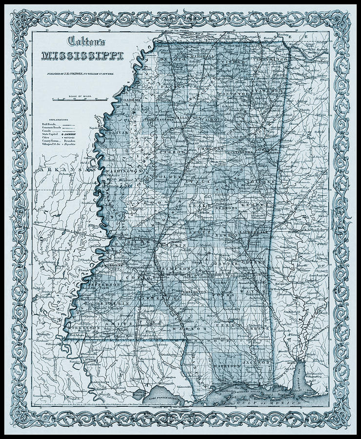 Vintage Photograph - Mississippi Vintage Map 1855 Blue by Carol Japp