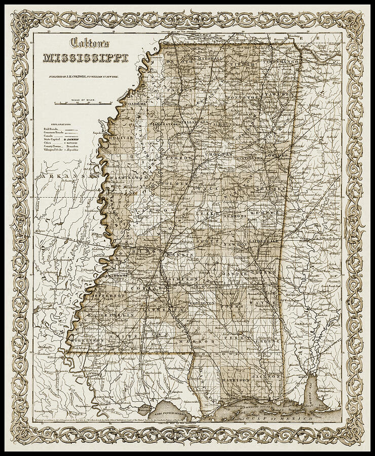 Mississippi Vintage Map 1855 Sepia Photograph By Carol Japp - Fine Art 