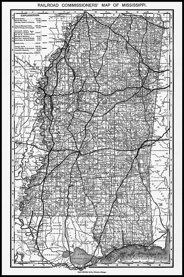 Mississippi Map Photograph - Mississippi Vintage Railroad Map 1888 Black and White  by Carol Japp