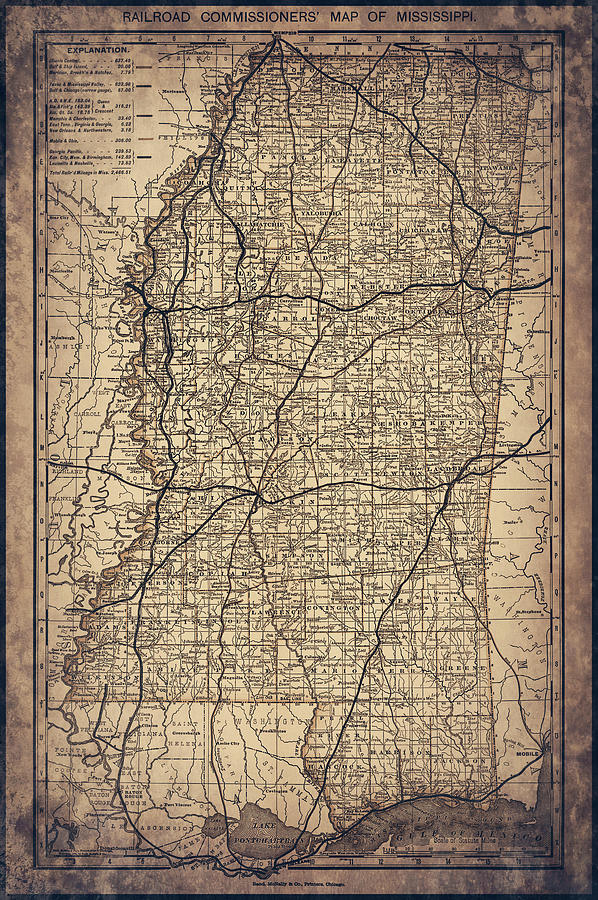 Mississippi Map Photograph - Mississippi Vintage Railroad Map 1888 Sepia  by Carol Japp