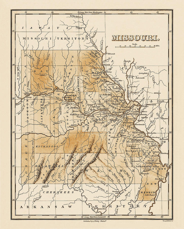 Missouri Map Photograph - Missouri Antique Map 1831 Sepia  by Carol Japp