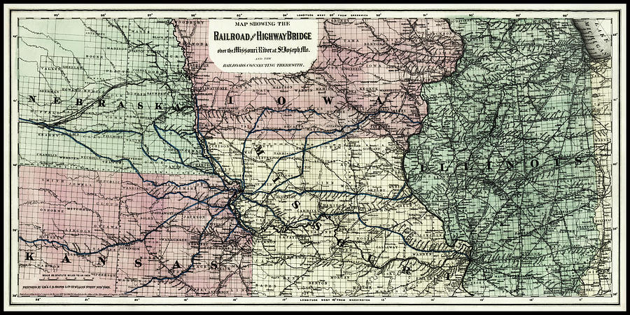 Missouri River Railroad and Highway Bridge Vintage Map 1872 Photograph by Carol Japp